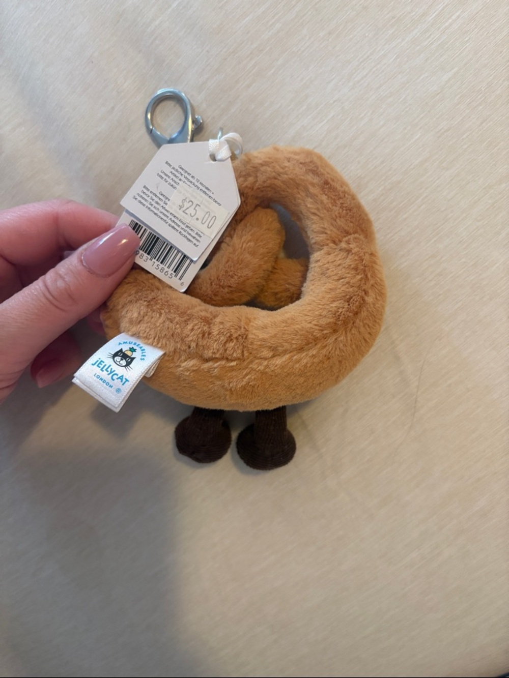 Jellycat Tan & Dark Brown Pretzel Plush Keychain - Picture 2 of 3